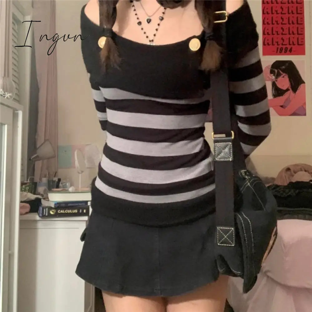 Ingvn - Fashion Trends Harajuku Retro Striped Print Grunge Tshirts Slash Neck Buttons Autumn