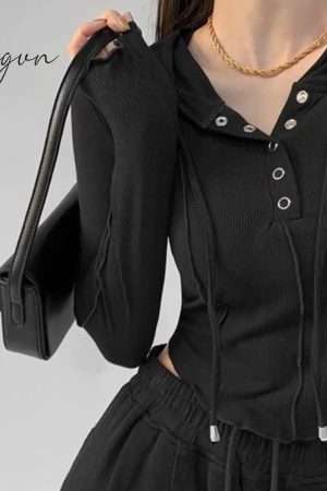 Ingvn - Crop Tops 2023 Fashion T-Shirts For Women Hooded Sweatshirt Long Sleeve Tees Y2K Clothes