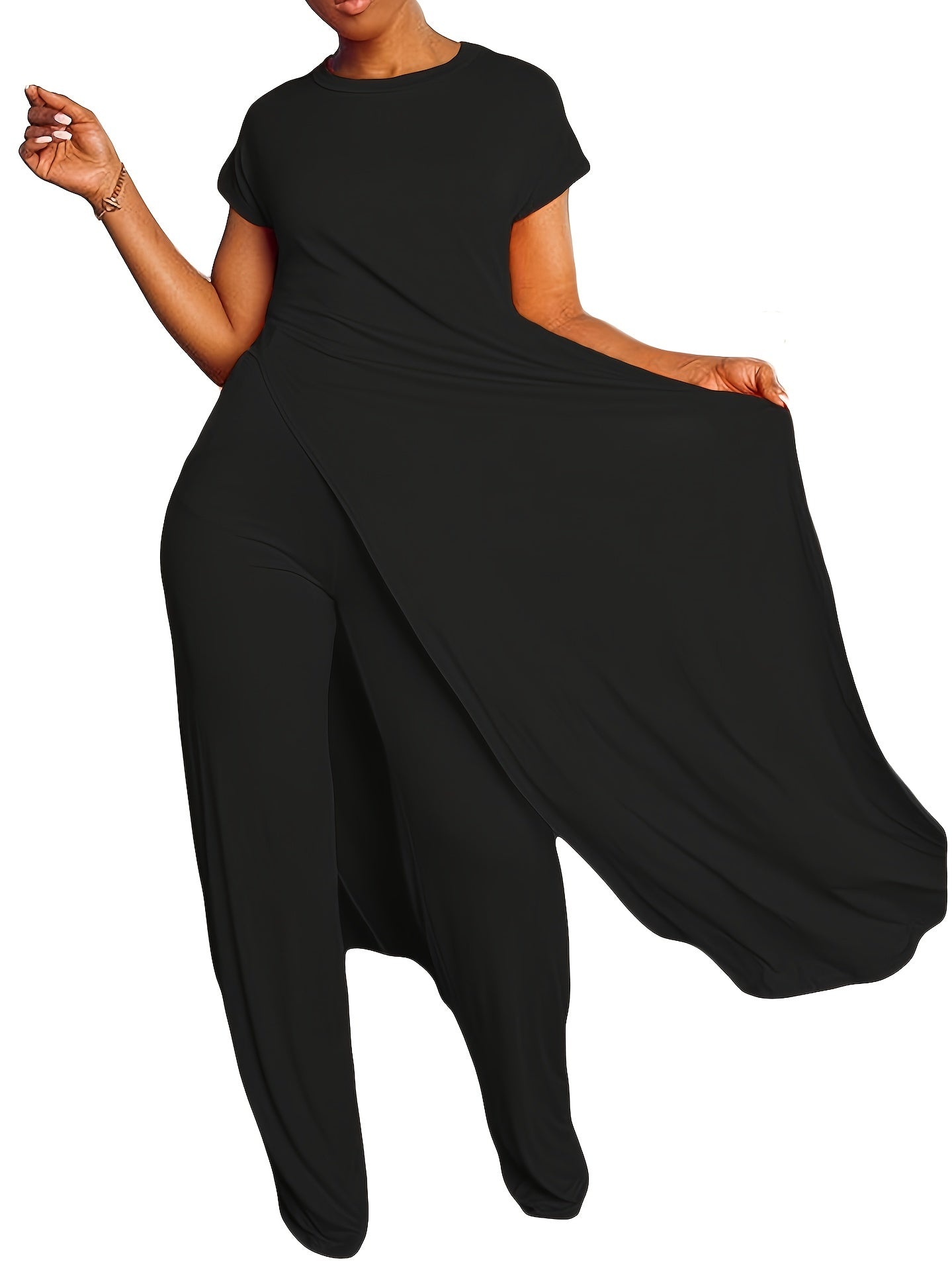 Plus Size Solid Color Split Hem Oversized T-shirt & Pants Set, Women's Plus High Stretch 2pcs Set - Image 9