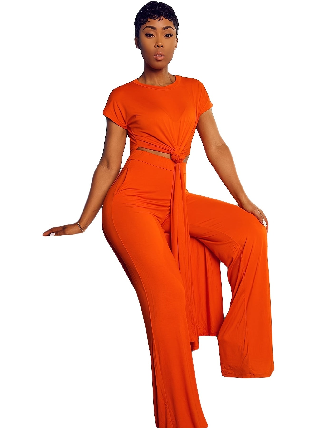 Plus Size Solid Color Split Hem Oversized T-shirt & Pants Set, Women's Plus High Stretch 2pcs Set - Image 4