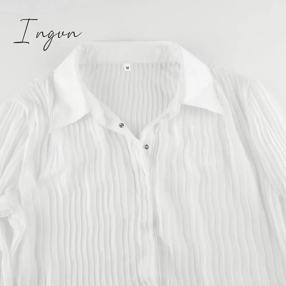 Ingvn - Hot Sell Vintage White Folds Cute Y2K Shirts Women Elegant Fashion Flared Sleeve Button