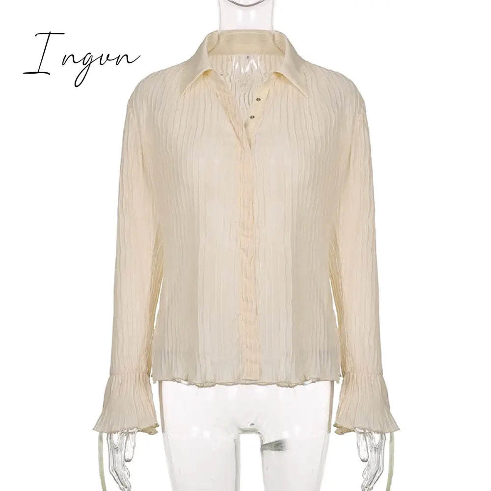 Ingvn - Hot Sell Vintage White Folds Cute Y2K Shirts Women Elegant Fashion Flared Sleeve Button