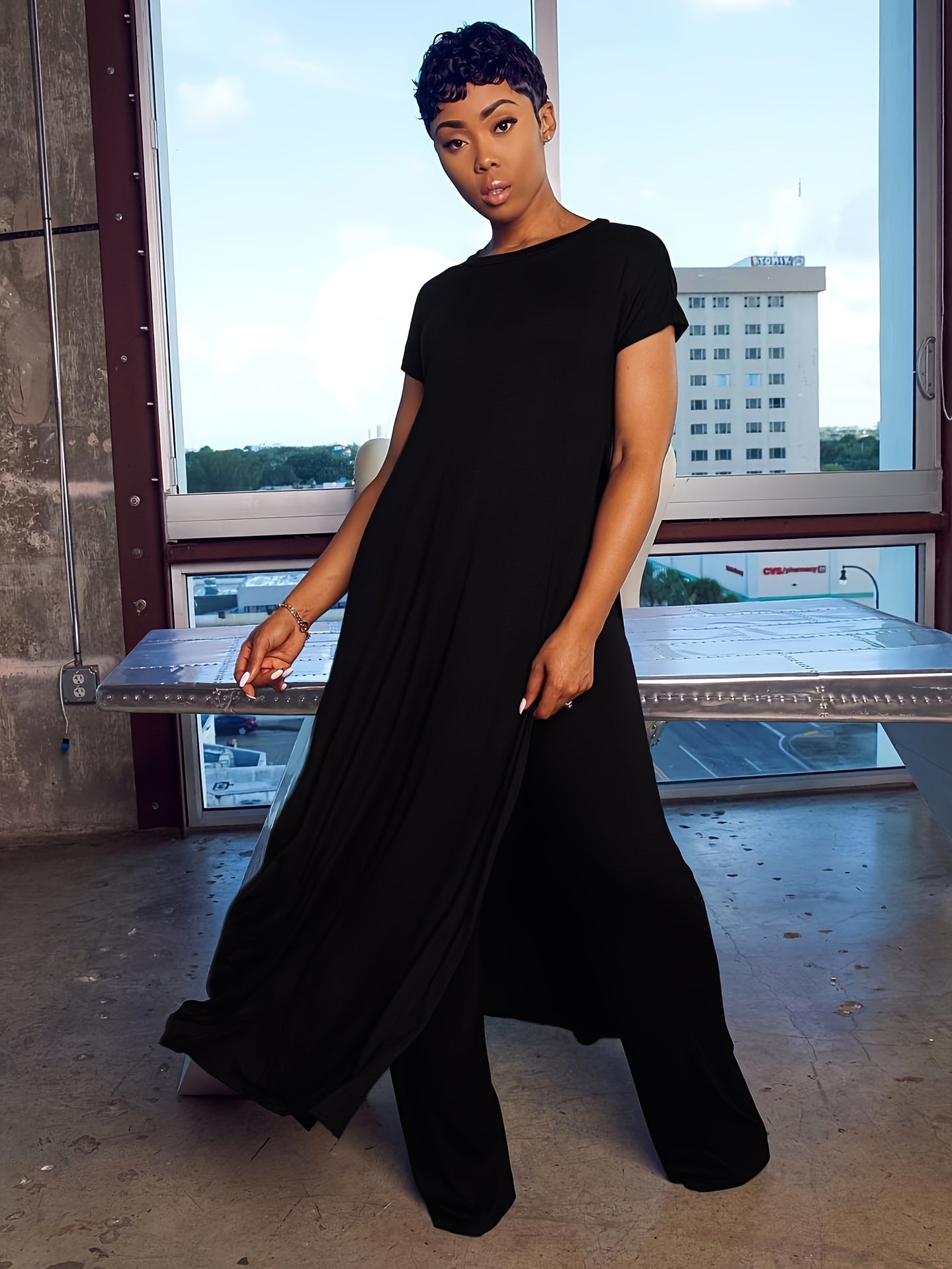 Plus Size Solid Color Split Hem Oversized T-shirt & Pants Set, Women's Plus High Stretch 2pcs Set - Image 5