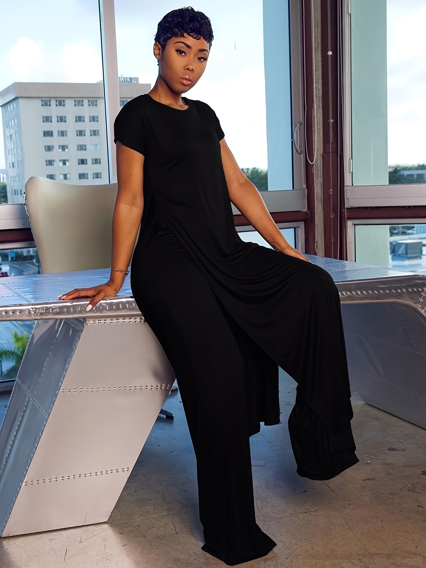 Plus Size Solid Color Split Hem Oversized T-shirt & Pants Set, Women's Plus High Stretch 2pcs Set - Image 3