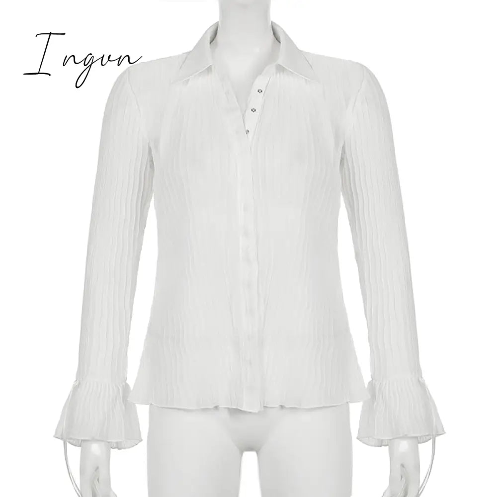 Ingvn - Hot Sell Vintage White Folds Cute Y2K Shirts Women Elegant Fashion Flared Sleeve Button