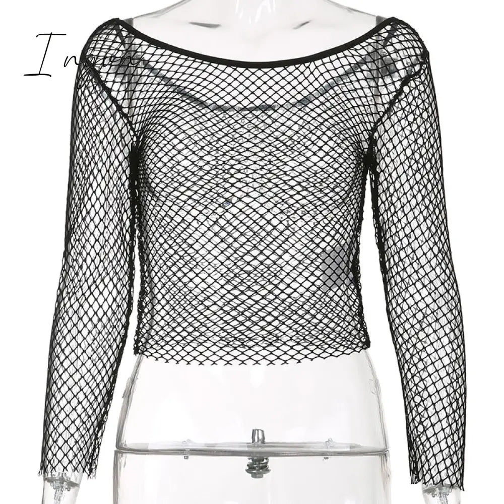 Ingvn - Hot Sell Hollow Out See Through Sexy Slash Neck Fishnet Mesh T - Shirts Women Cute Club