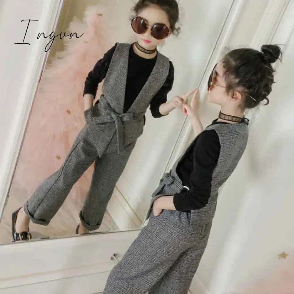 Ingvn - Teenage Girls Clothing Set 12 13 14 Years Spring Plaid Vest T - Shirts Pants 3Pcs Suit For