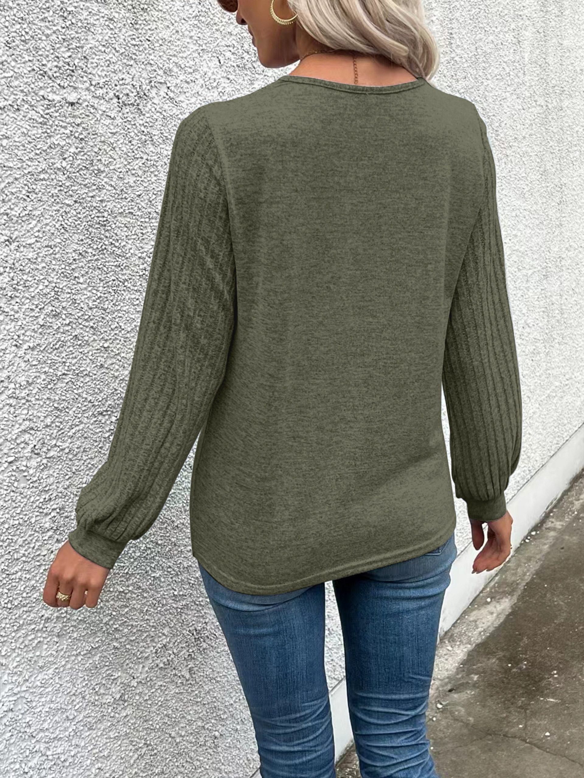 Stylish V Neck Long Sleeve Ribbed T-shirt - Women's Elegant Daily T-Shirts with Buttons - Soft, Breathable, and Comfortable Clothing for Everyday Wear - Image 7