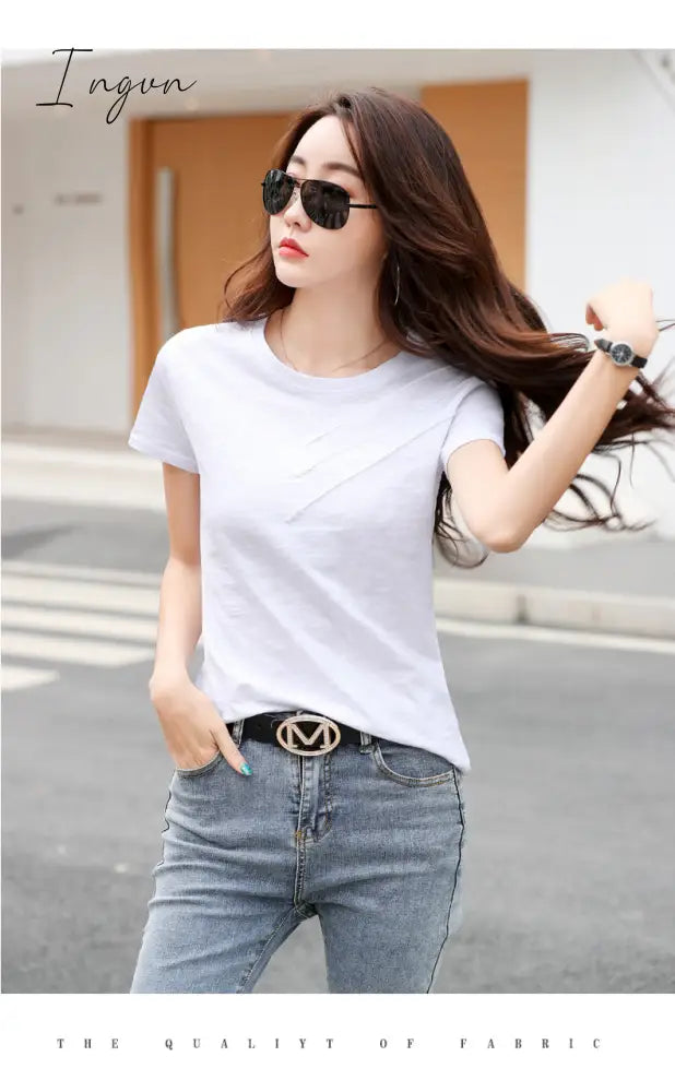 Ingvn - Short Sleeve Summer Women Ribbed Cotton Tee - Shirts Female Button Loose Casual Fashion T -