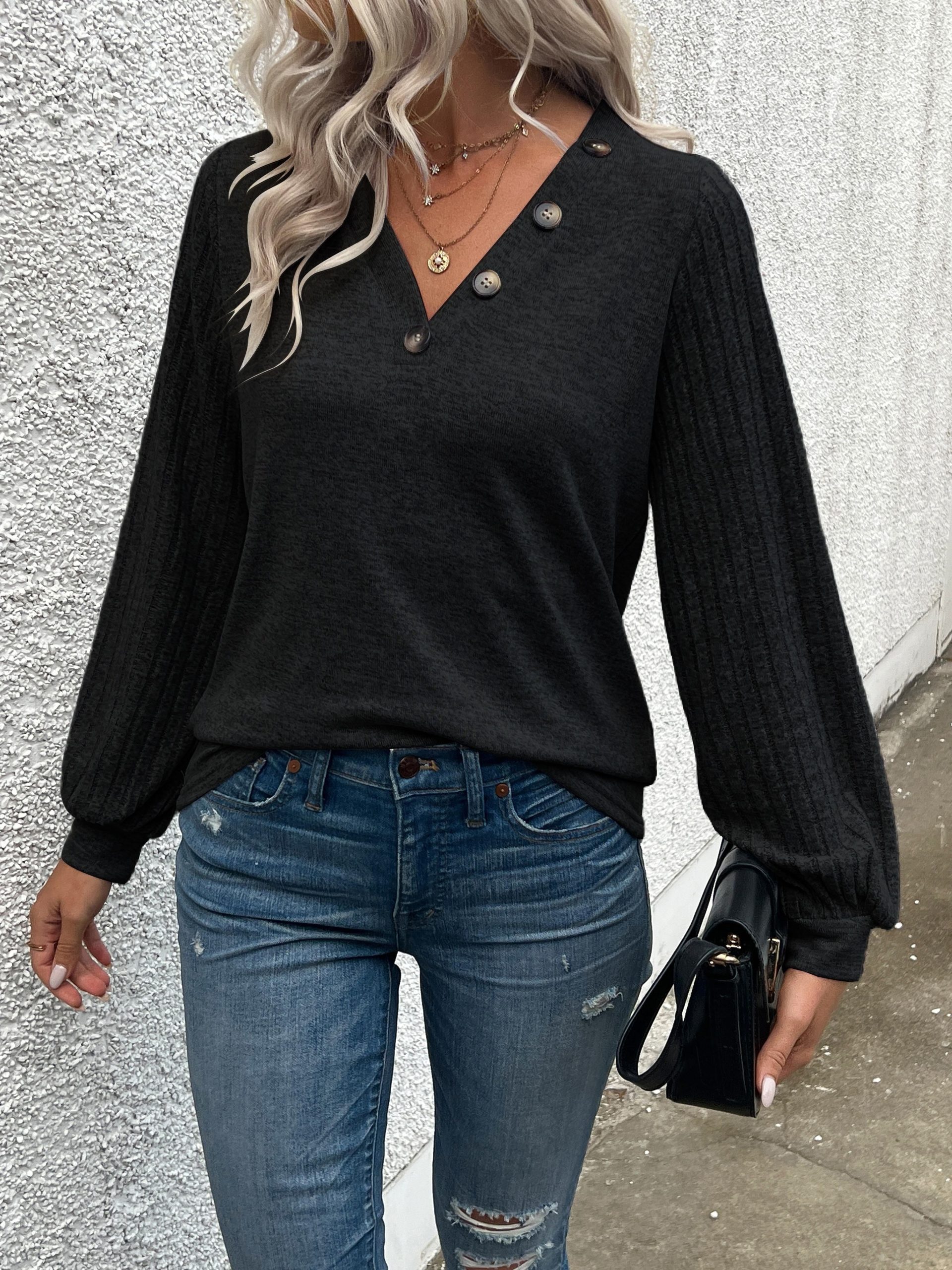 Stylish V Neck Long Sleeve Ribbed T-shirt - Women's Elegant Daily T-Shirts with Buttons - Soft, Breathable, and Comfortable Clothing for Everyday Wear - Image 3