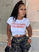 Ingvn - Y2K White Crop T Shirt Women Letter Print O-Neck Short Sleeve Casual Tops Fashion Cute