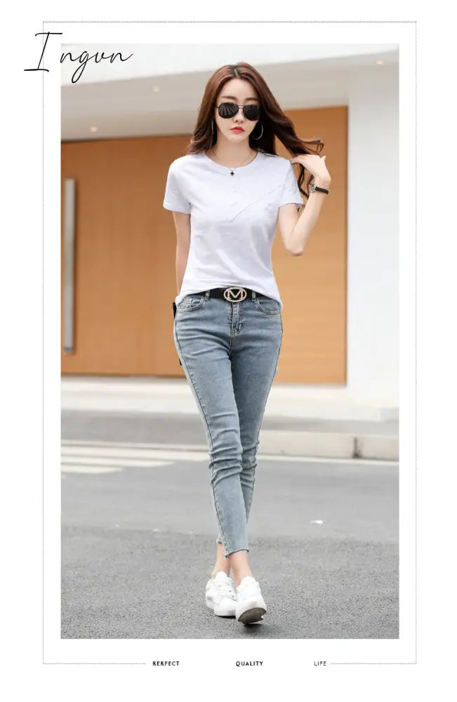 Ingvn - Short Sleeve Summer Women Ribbed Cotton Tee - Shirts Female Button Loose Casual Fashion T -
