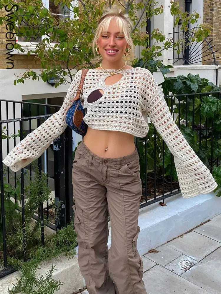 Ingvn - Hot Sell Irregular Hollow Out Knitted Y2K T - Shirts Women Summer Vacation Clothes O Neck