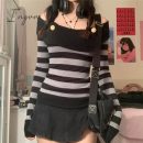 Ingvn - Fashion Trends Harajuku Retro Striped Print Grunge Tshirts Slash Neck Buttons Autumn