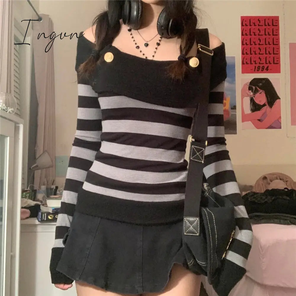 Ingvn - Fashion Trends Harajuku Retro Striped Print Grunge Tshirts Slash Neck Buttons Autumn