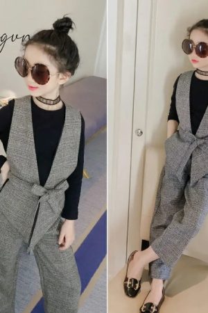 Ingvn - Teenage Girls Clothing Set 12 13 14 Years Spring Plaid Vest T - Shirts Pants 3Pcs Suit For