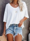 Ingvn - Women Summer Casual Solid Short Sleeve T-Shirt Basic V-Neck Batwing Tops Fashion Loose