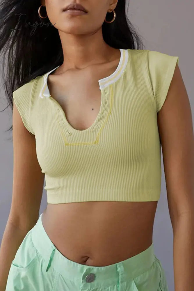 Ingvn - Sexy Street Solid Patchwork U Neck T-Shirts Yellow / S Tops/Tees & T-Shirts