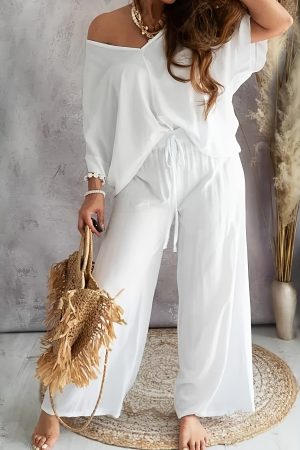 Chic Womens Two-piece Outfit Set - Comfy Long Sleeve T-shirt & Drawstring Pants - Adjustable Waistband, Casual Style for Everyday Fashion