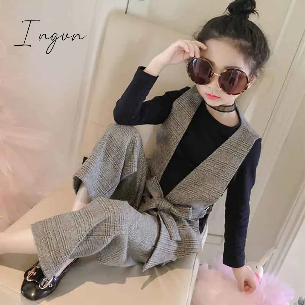 Ingvn - Teenage Girls Clothing Set 12 13 14 Years Spring Plaid Vest T - Shirts Pants 3Pcs Suit For