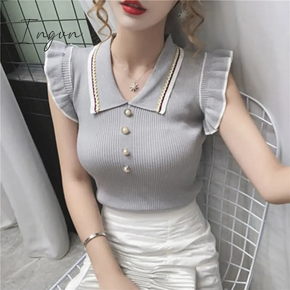 Ingvn - Womens Fashion Trends Summer Korean Slim Crop Tops Women Turn - Down Collar Knitted T -