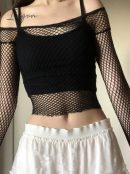 Ingvn - Hot Sell Hollow Out See Through Sexy Slash Neck Fishnet Mesh T - Shirts Women Cute Club