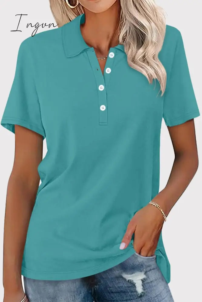 Ingvn - Casual Simplicity Solid Buckle Turndown Collar T-Shirts Lake Blue / S Tops/Tees & T-Shirts