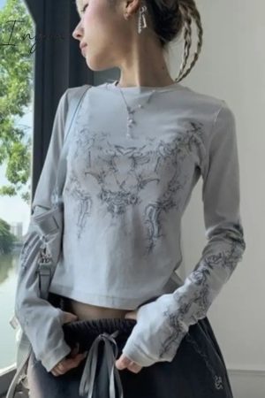 Ingvn - Vintage Women Clothes Y2K T-Shirts 2023 Blusas Mujer De Moda O-Neck Long Sleeve Print Tunic
