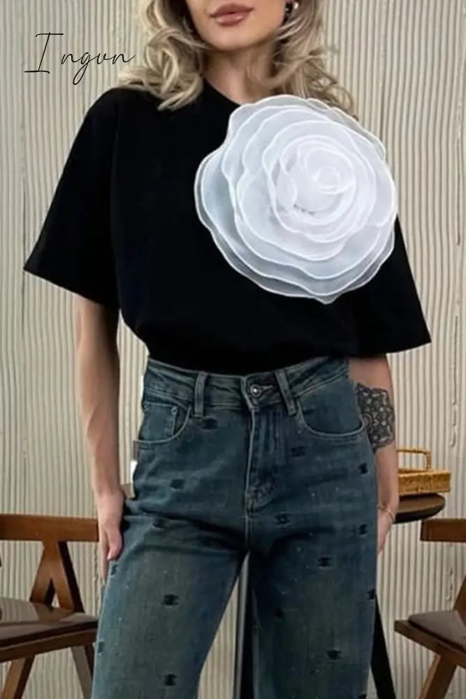 Casual Sweet Solid Flowers O Neck T-Shirts Tops/Tees & T-Shirts