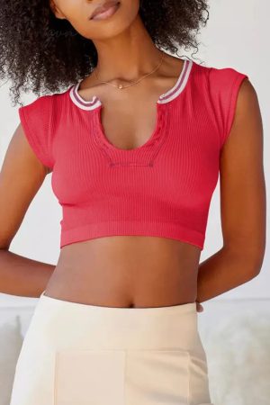 Ingvn - Sexy Street Solid Patchwork U Neck T-Shirts Red / S Tops/Tees & T-Shirts