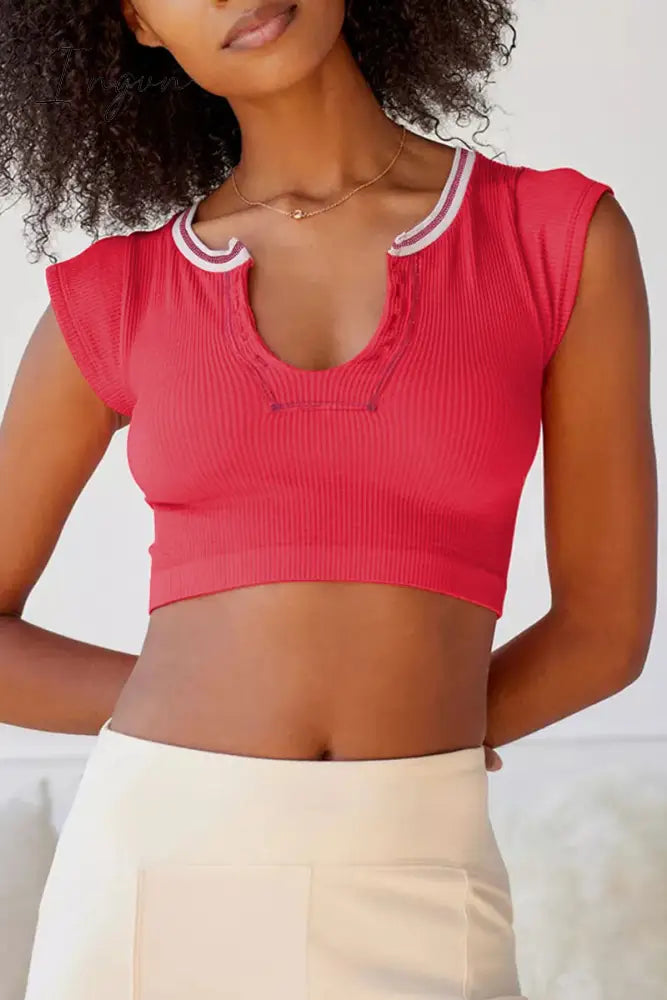 Ingvn - Sexy Street Solid Patchwork U Neck T-Shirts Red / S Tops/Tees & T-Shirts
