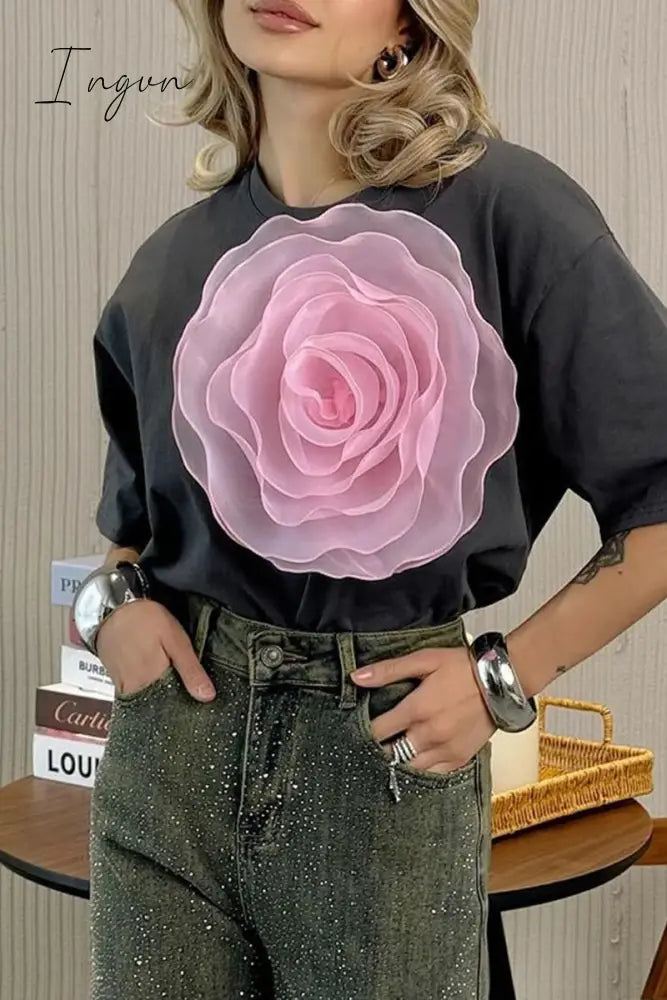 Casual Sweet Solid Flowers O Neck T-Shirts Tops/Tees & T-Shirts