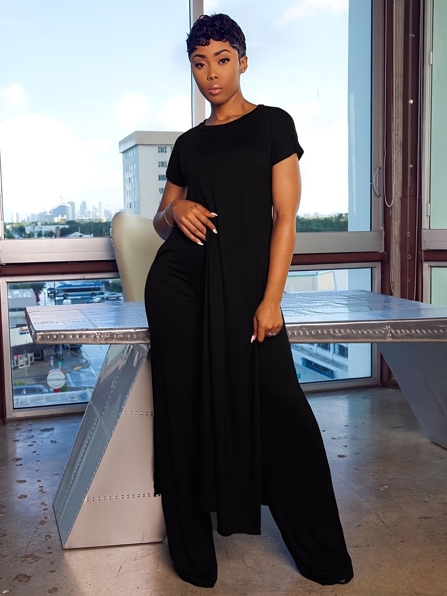 Plus Size Solid Color Split Hem Oversized T-shirt & Pants Set, Women's Plus High Stretch 2pcs Set - Image 7