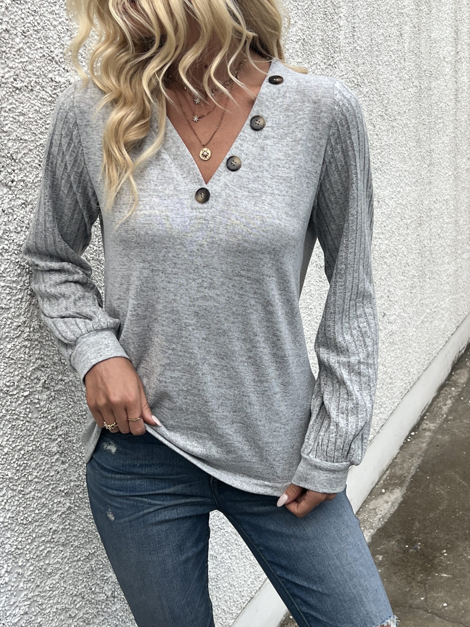 Stylish V Neck Long Sleeve Ribbed T-shirt - Women's Elegant Daily T-Shirts with Buttons - Soft, Breathable, and Comfortable Clothing for Everyday Wear - Image 8
