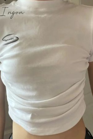 Ingvn - Fashion T-Shirt O-Neck Short Sleeve White Woman Tshirts Crop Tops Y2K Clothes Tunic Folds