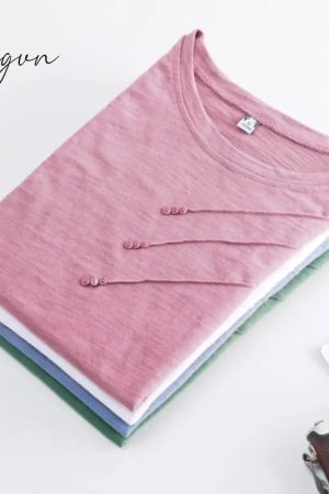 Ingvn - Short Sleeve Summer Women Ribbed Cotton Tee - Shirts Female Button Loose Casual Fashion T -