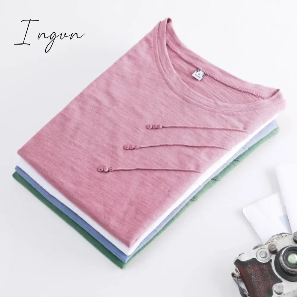 Ingvn - Short Sleeve Summer Women Ribbed Cotton Tee - Shirts Female Button Loose Casual Fashion T -